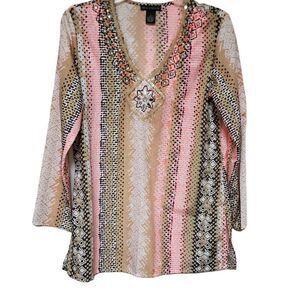 Chelsea Theodore Beaded Sequin Boho Tunic Top Small Multicolor